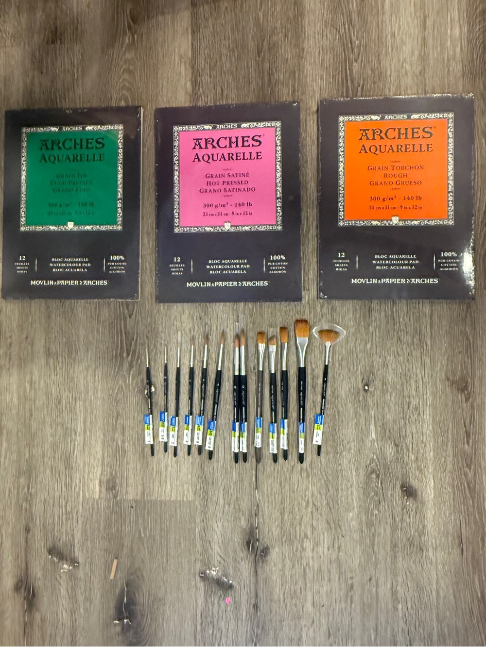 Arches Watercolor Paper + Princeton Aqua Elite Brush Lot 16 Pc NEW